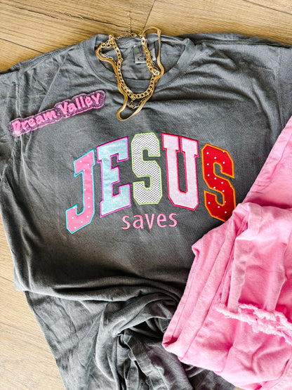 Appliqué Embroidered “Jesus Saves” Comfort Color Tee
