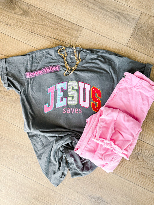Appliqué Embroidered “Jesus Saves” Comfort Color Tee