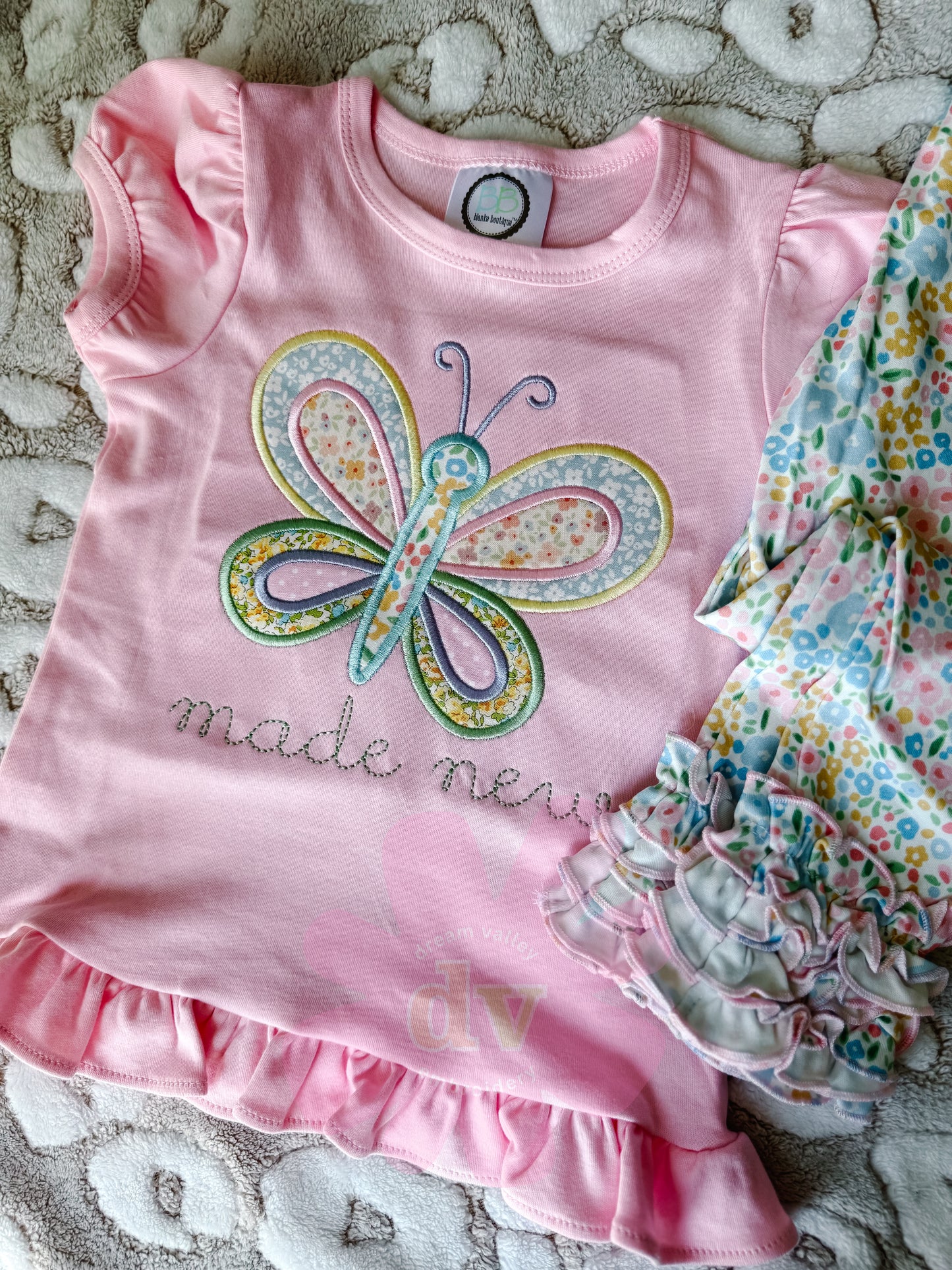 Embroidered Applique“Made New” Butterfly Ruffle Tee – Custom Color Option