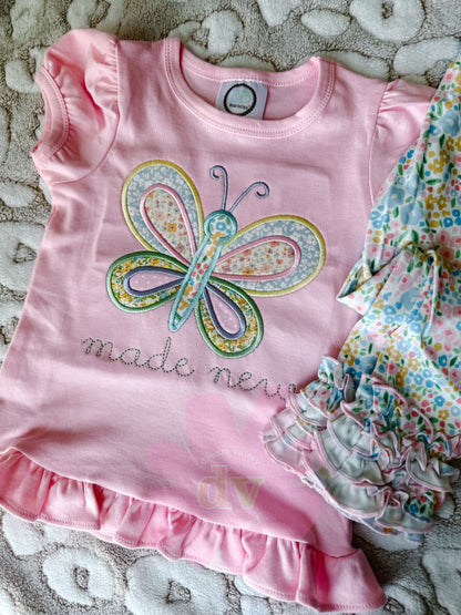 Embroidered Applique“Made New” Butterfly Ruffle Tee – Custom Color Option