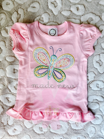 Embroidered Applique“Made New” Butterfly Ruffle Tee – Custom Color Option
