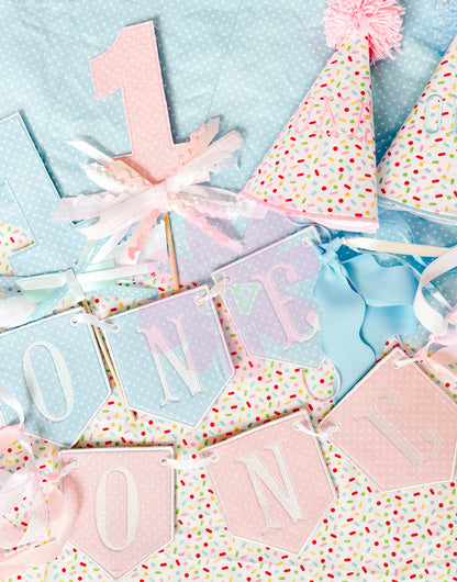 Custom Boy or Girl Birthday Suite | Hat, Banner, Cake Topper, Bib, Shirt, or bloomers | Individual or all as a bundle