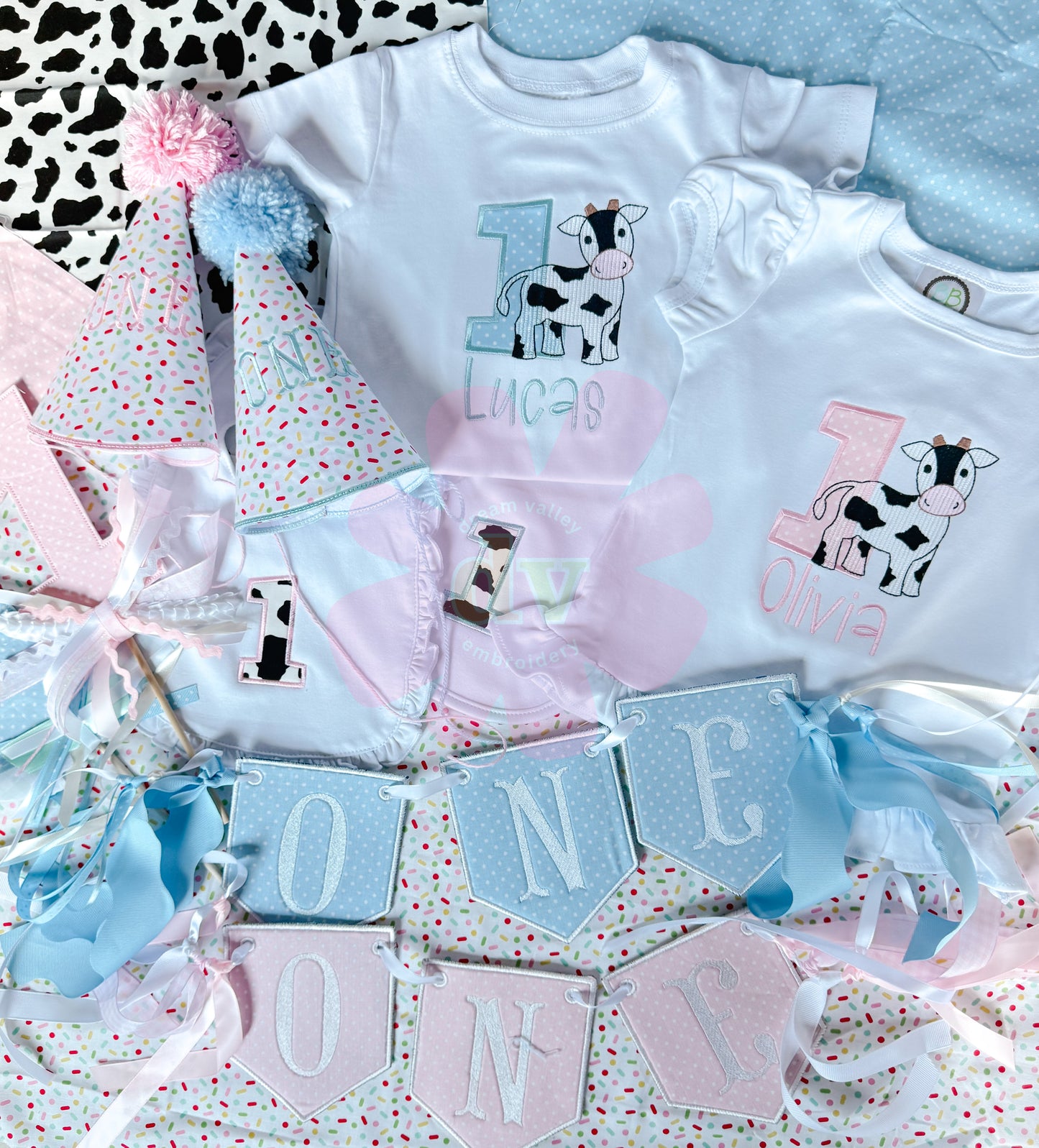 Custom Boy or Girl Birthday Suite | Hat, Banner, Cake Topper, Bib, Shirt, or bloomers | Individual or all as a bundle