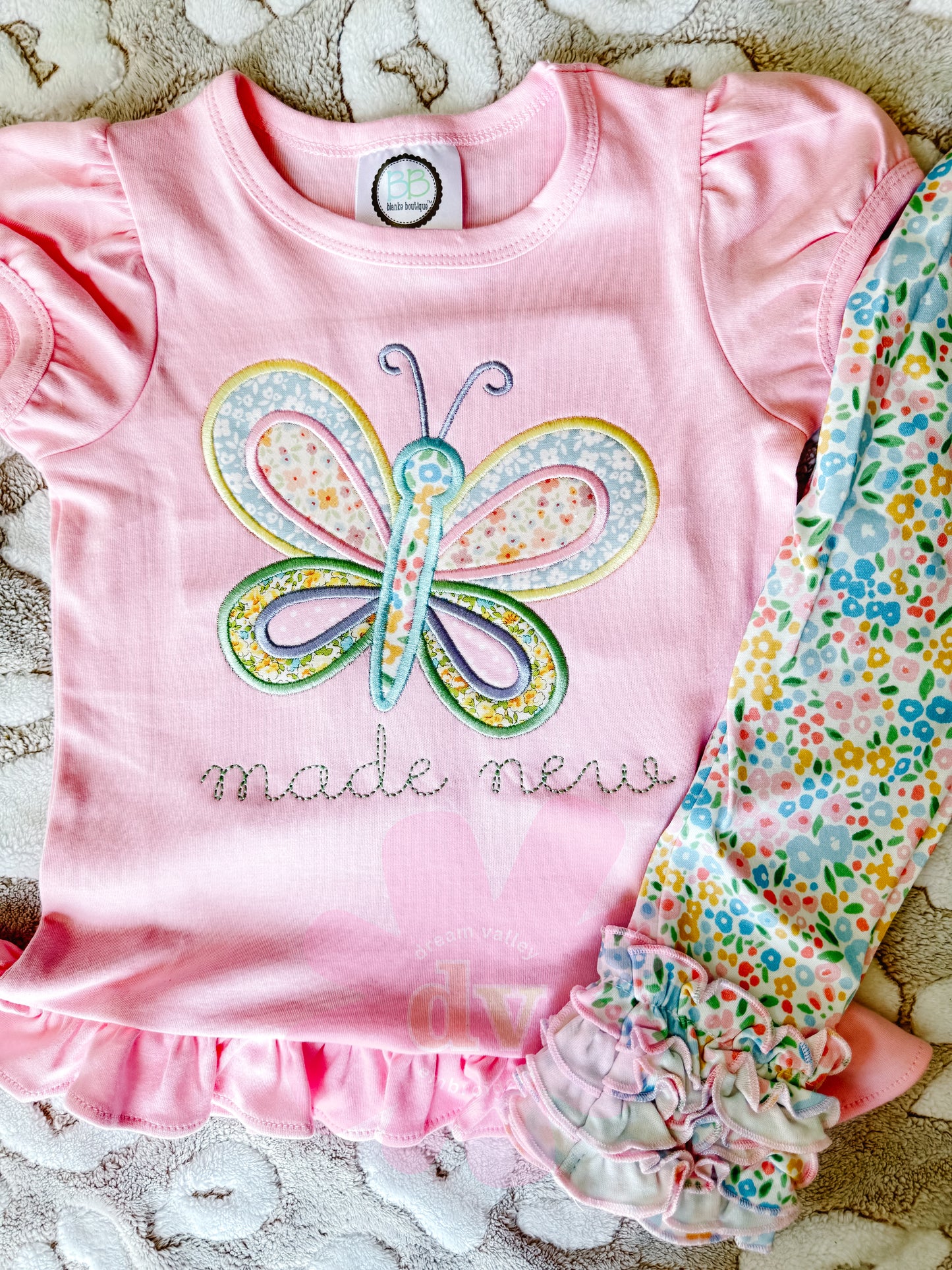 Embroidered Applique“Made New” Butterfly Ruffle Tee – Custom Color Option