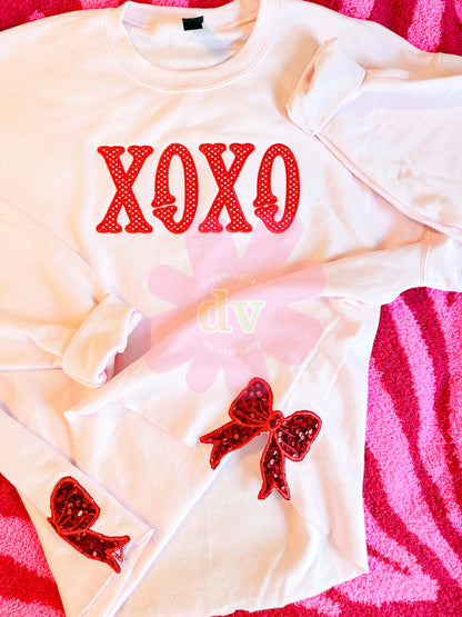 Light Pink XOXO applique sweatshirt with sparkle side bows