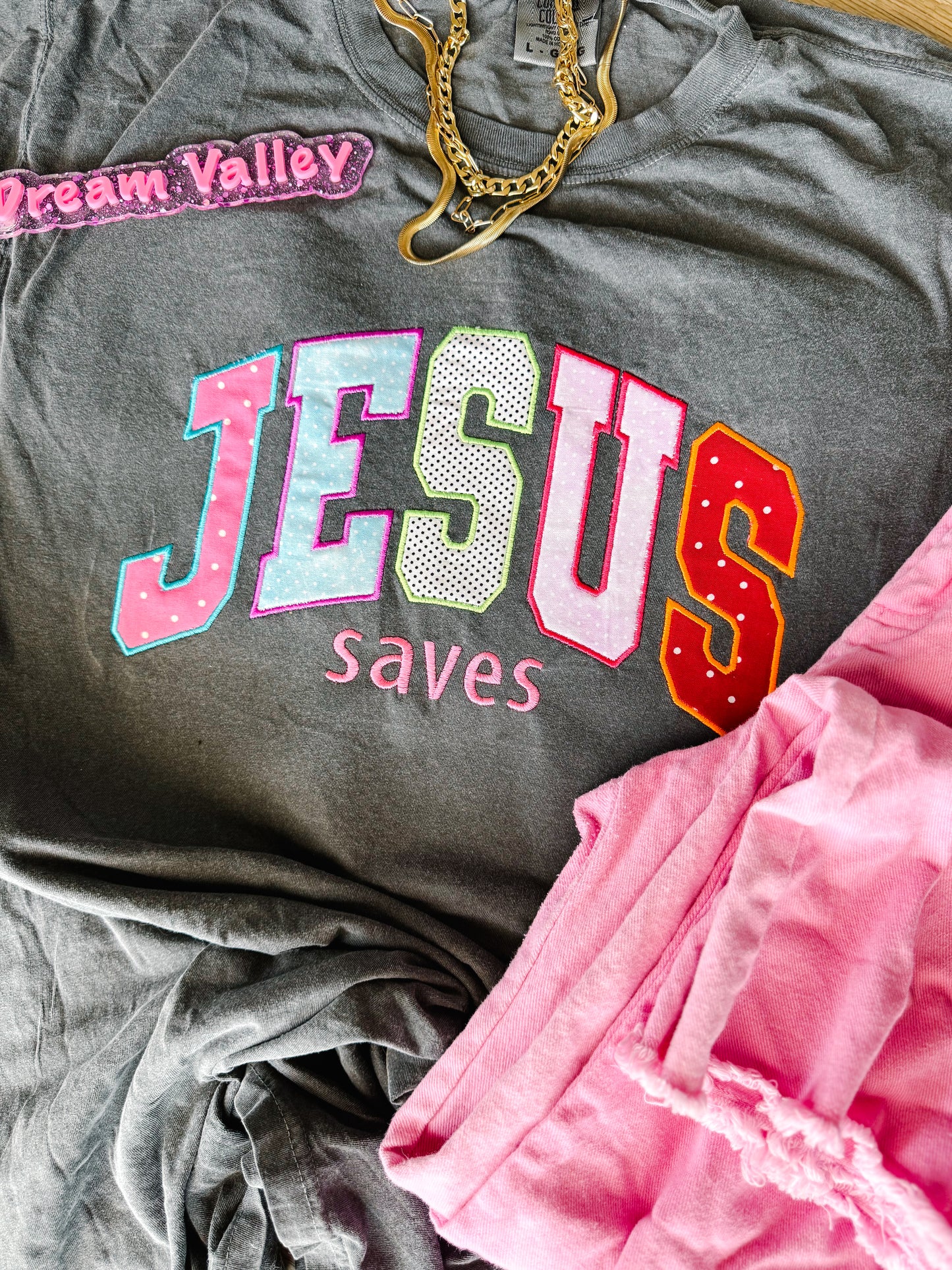 Appliqué Embroidered “Jesus Saves” Comfort Color Tee