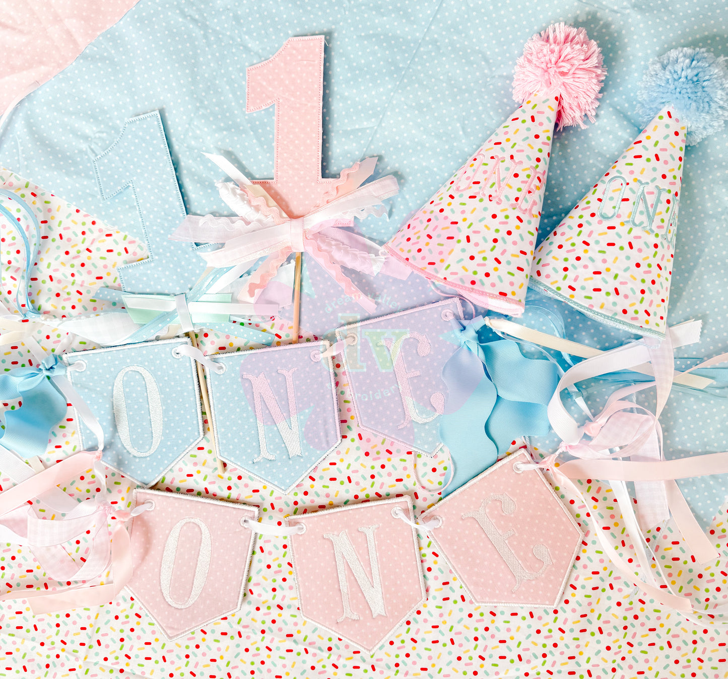 Custom Boy or Girl Birthday Suite | Hat, Banner, Cake Topper, Bib, Shirt, or bloomers | Individual or all as a bundle