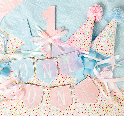 Custom Boy or Girl Birthday Suite | Hat, Banner, Cake Topper, Bib, Shirt, or bloomers | Individual or all as a bundle
