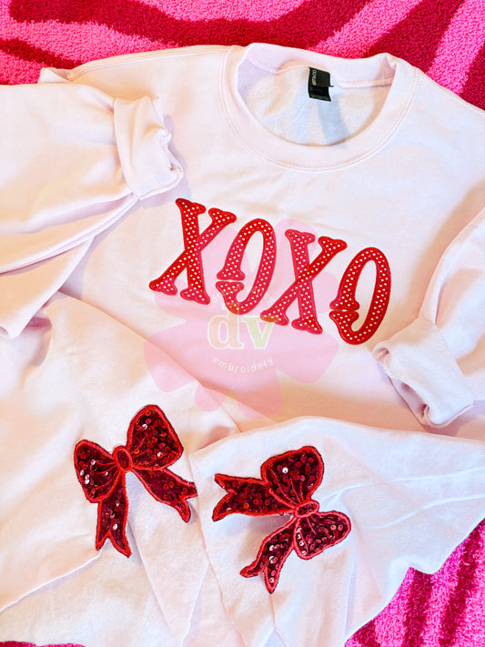 Light Pink XOXO applique sweatshirt with sparkle side bows
