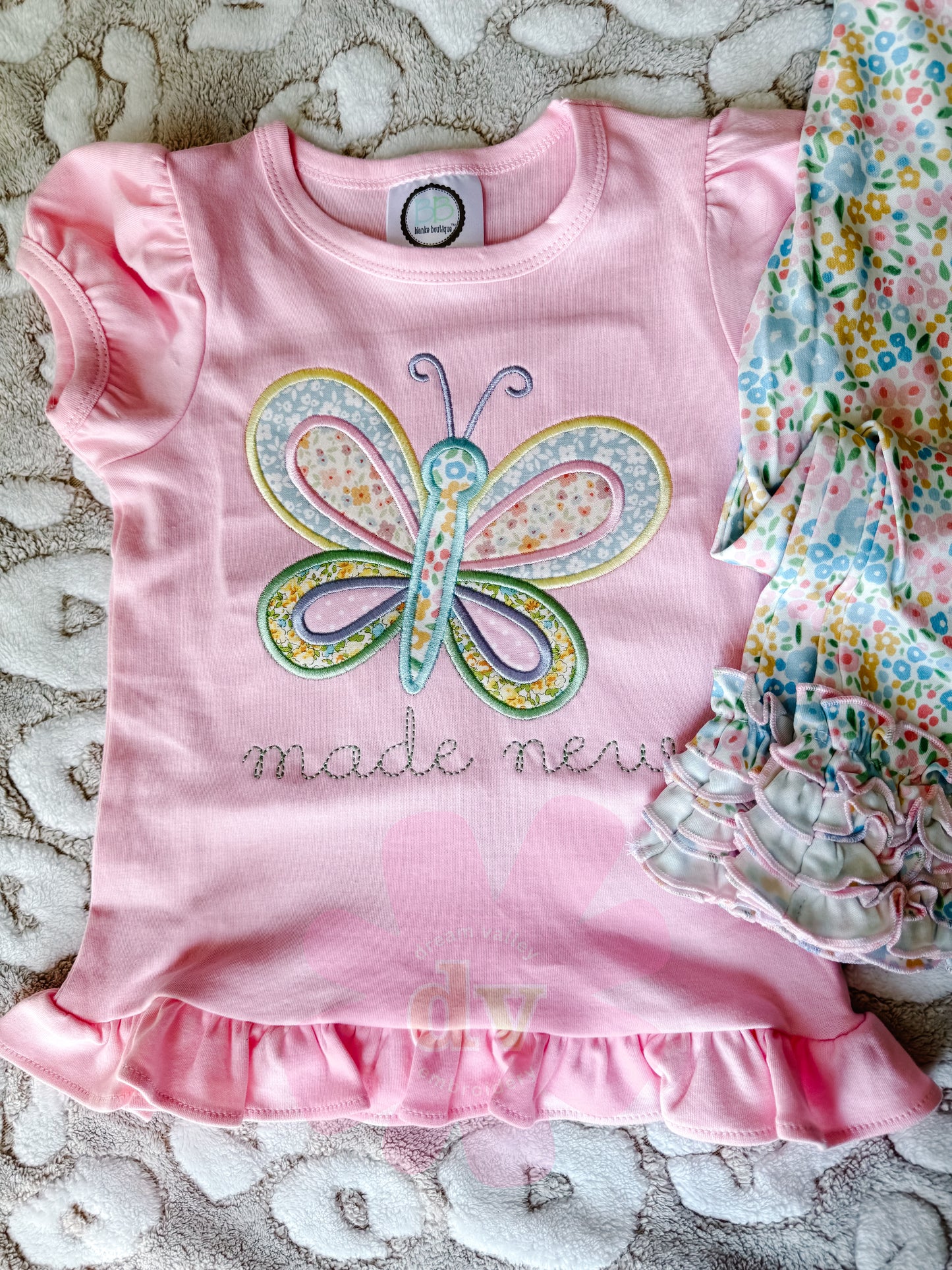 Embroidered Applique“Made New” Butterfly Ruffle Tee – Custom Color Option