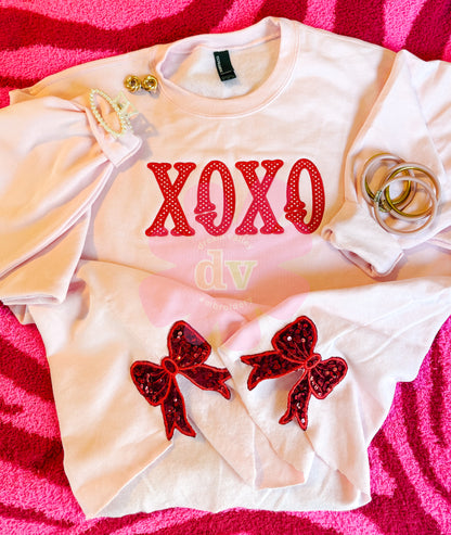 Light Pink XOXO applique sweatshirt with sparkle side bows