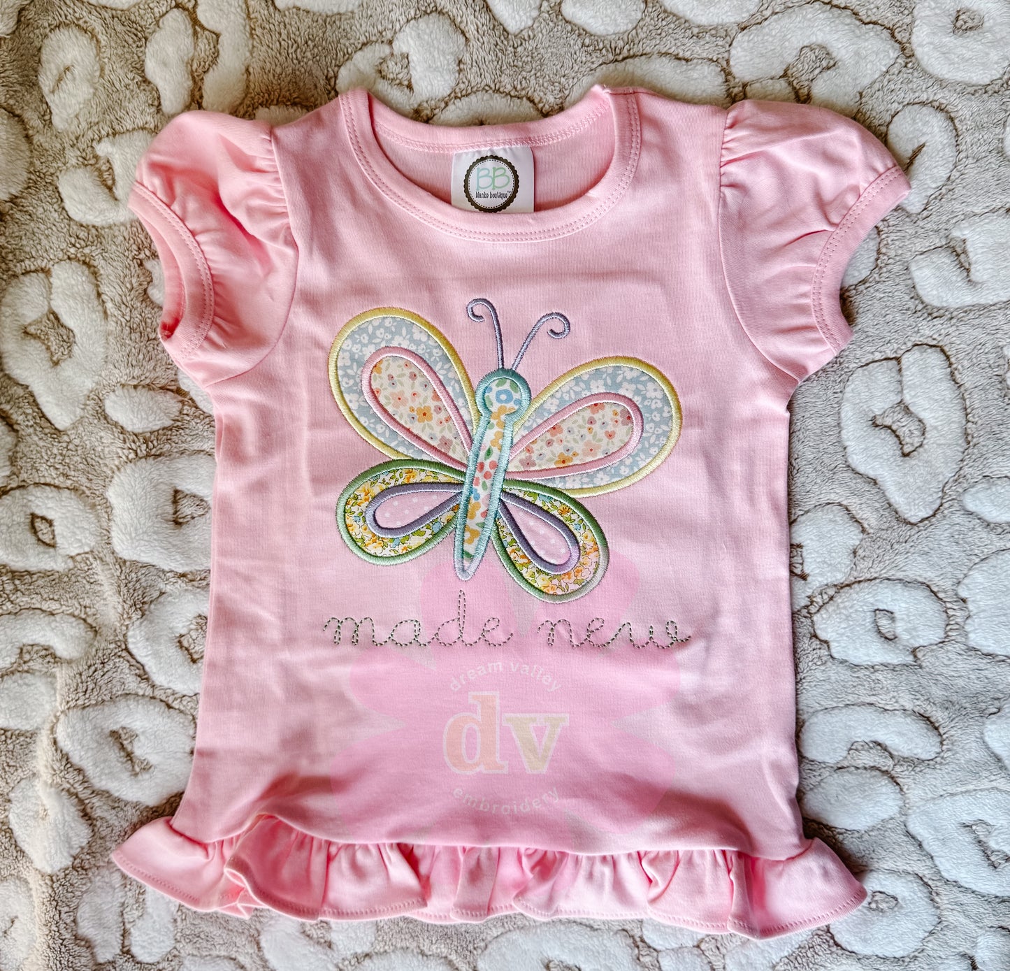 Embroidered Applique“Made New” Butterfly Ruffle Tee – Custom Color Option