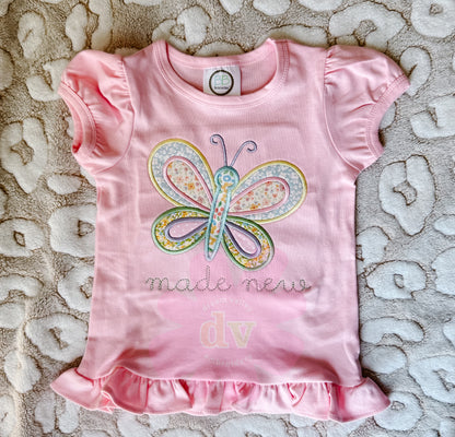 Embroidered Applique“Made New” Butterfly Ruffle Tee – Custom Color Option